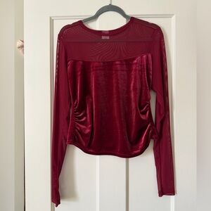 Wild Fable Burgundy Mesh Velvet Long Sleeve Top